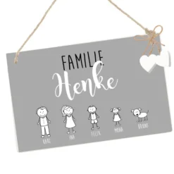 Personalisiertes Türschild aus Holz in Grau | Handgefertigtes Familienschild mit Figuren, Vornamen und dem Familiennamen | Originelle u. besondere Geschenkidee für Familien mit Kindern u. Haustieren | 2 Größen zur Auswahl