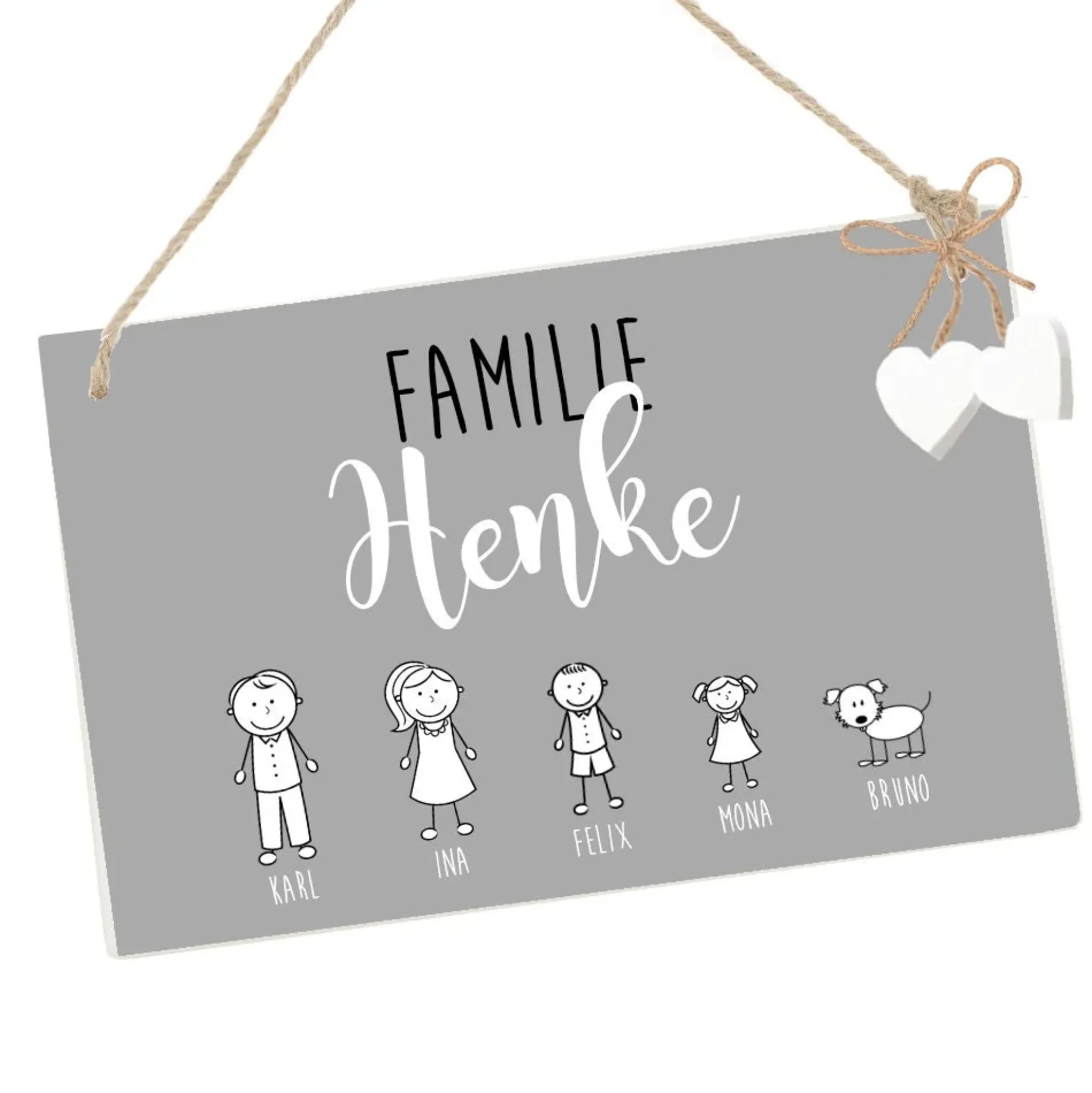 Personalisiertes Türschild aus Holz in Grau | Handgefertigtes Familienschild mit Figuren, Vornamen und dem Familiennamen | Originelle u. besondere Geschenkidee für Familien mit Kindern u. Haustieren | 2 Größen zur Auswahl