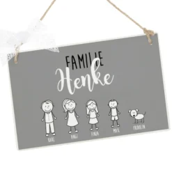 Personalisiertes Türschild aus Holz in Grau | Handgefertigtes Familienschild mit Figuren, Vornamen und dem Familiennamen | Originelle u. besondere Geschenkidee für Familien mit Kindern u. Haustieren | 2 Größen zur Auswahl