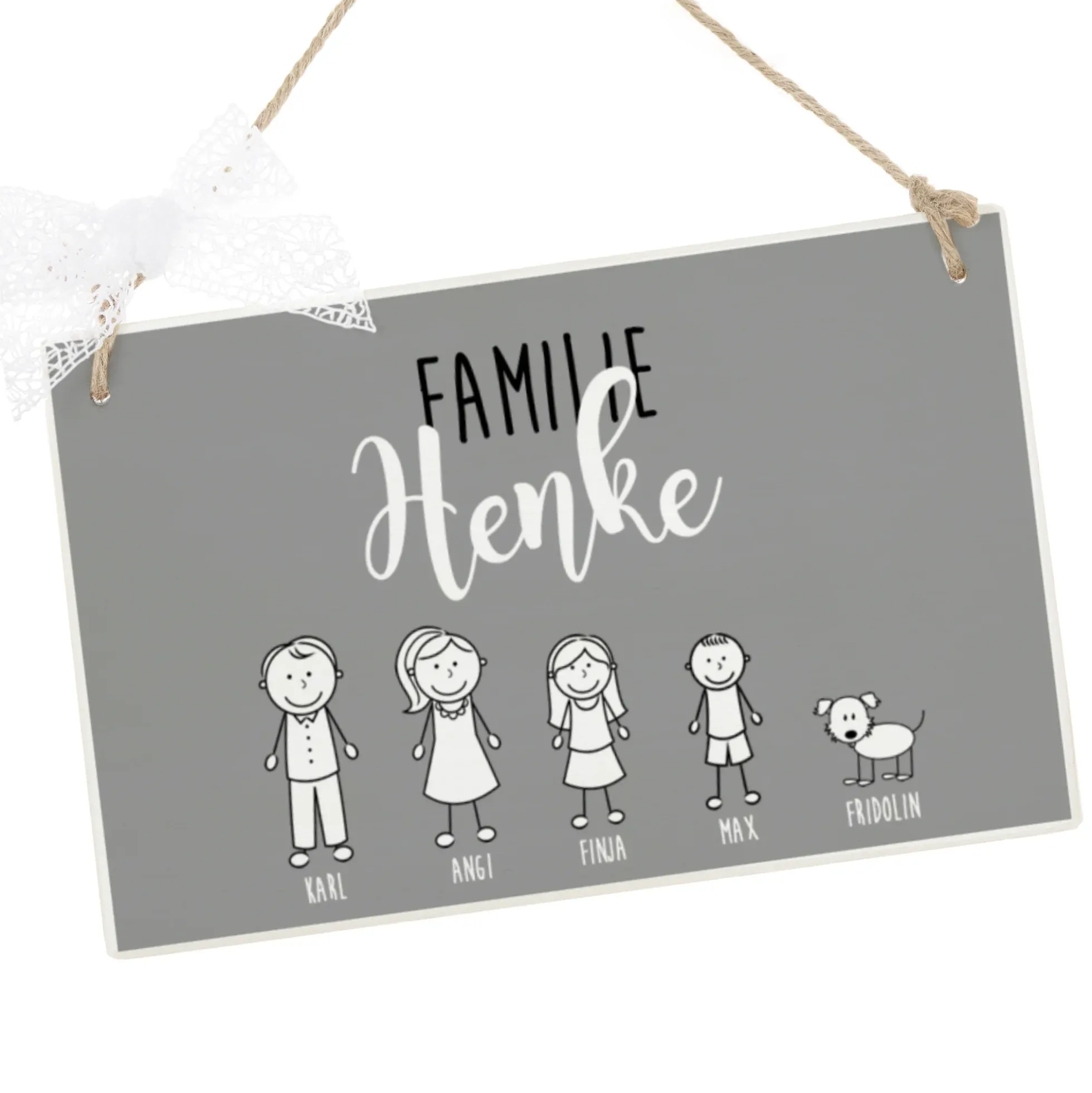 Personalisiertes Türschild aus Holz in Grau | Handgefertigtes Familienschild mit Figuren, Vornamen und dem Familiennamen | Originelle u. besondere Geschenkidee für Familien mit Kindern u. Haustieren | 2 Größen zur Auswahl