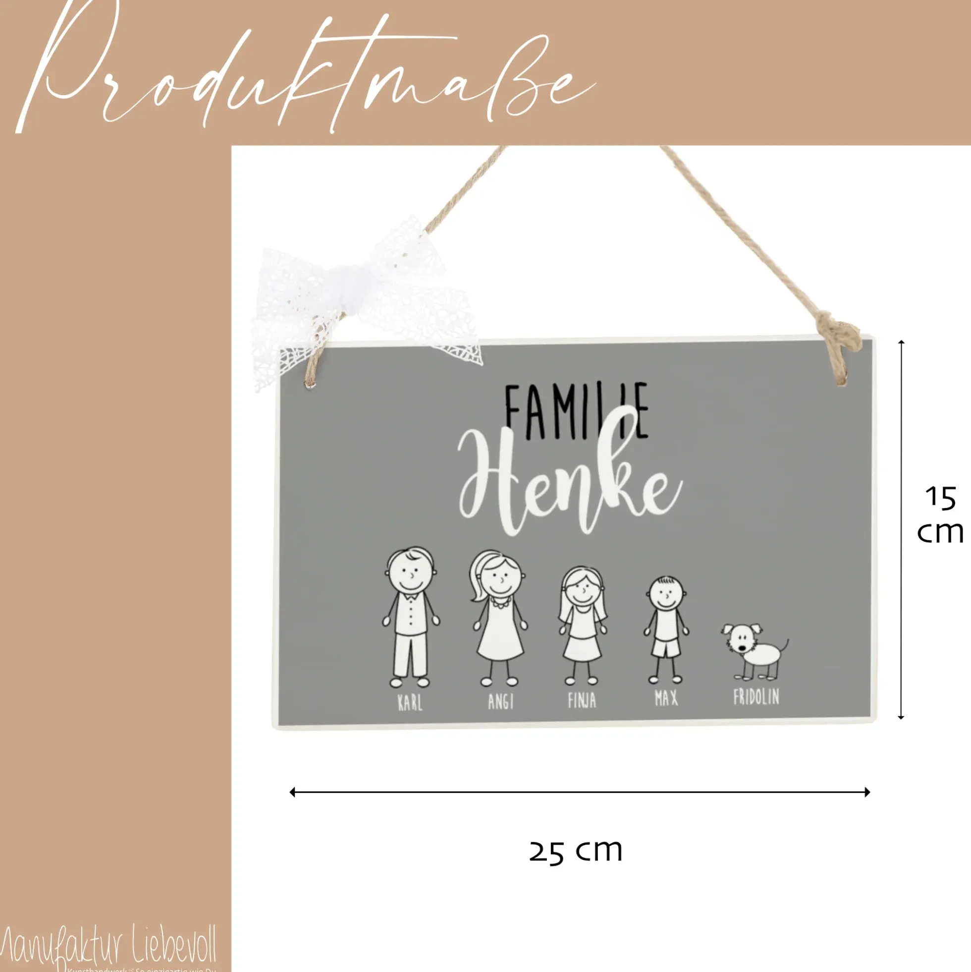 Personalisiertes Türschild aus Holz in Grau | Handgefertigtes Familienschild mit Figuren, Vornamen und dem Familiennamen | Originelle u. besondere Geschenkidee für Familien mit Kindern u. Haustieren | 2 Größen zur Auswahl