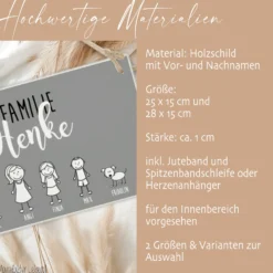 Personalisiertes Türschild aus Holz in Grau | Handgefertigtes Familienschild mit Figuren, Vornamen und dem Familiennamen | Originelle u. besondere Geschenkidee für Familien mit Kindern u. Haustieren | 2 Größen zur Auswahl
