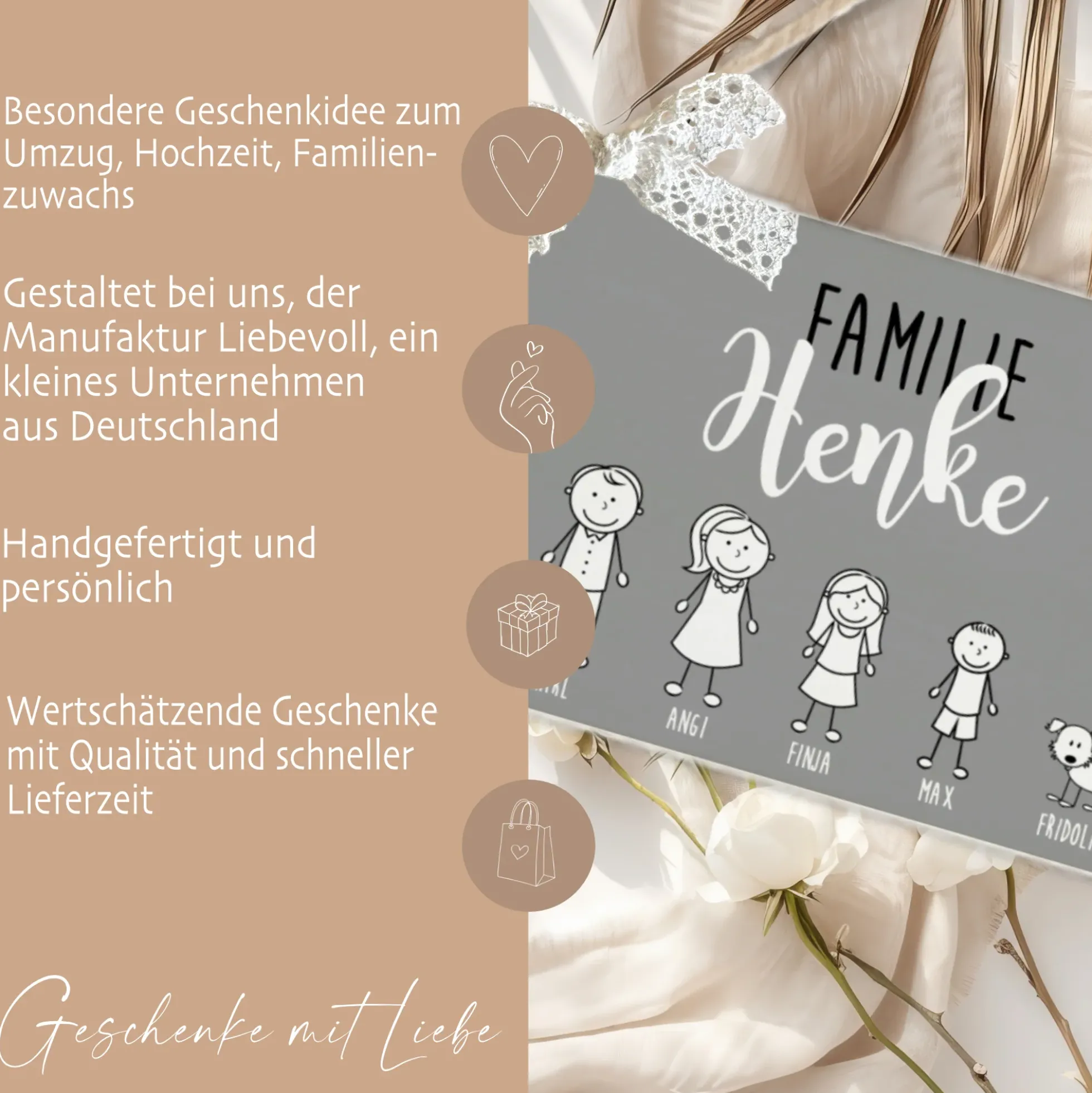 Personalisiertes Türschild aus Holz in Grau | Handgefertigtes Familienschild mit Figuren, Vornamen und dem Familiennamen | Originelle u. besondere Geschenkidee für Familien mit Kindern u. Haustieren | 2 Größen zur Auswahl