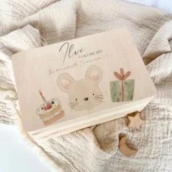 Personalisiertes Willkommensgeschenk aus Holz, Erinnerungsbox mit Motiv "Maus" für Babys, Kinder