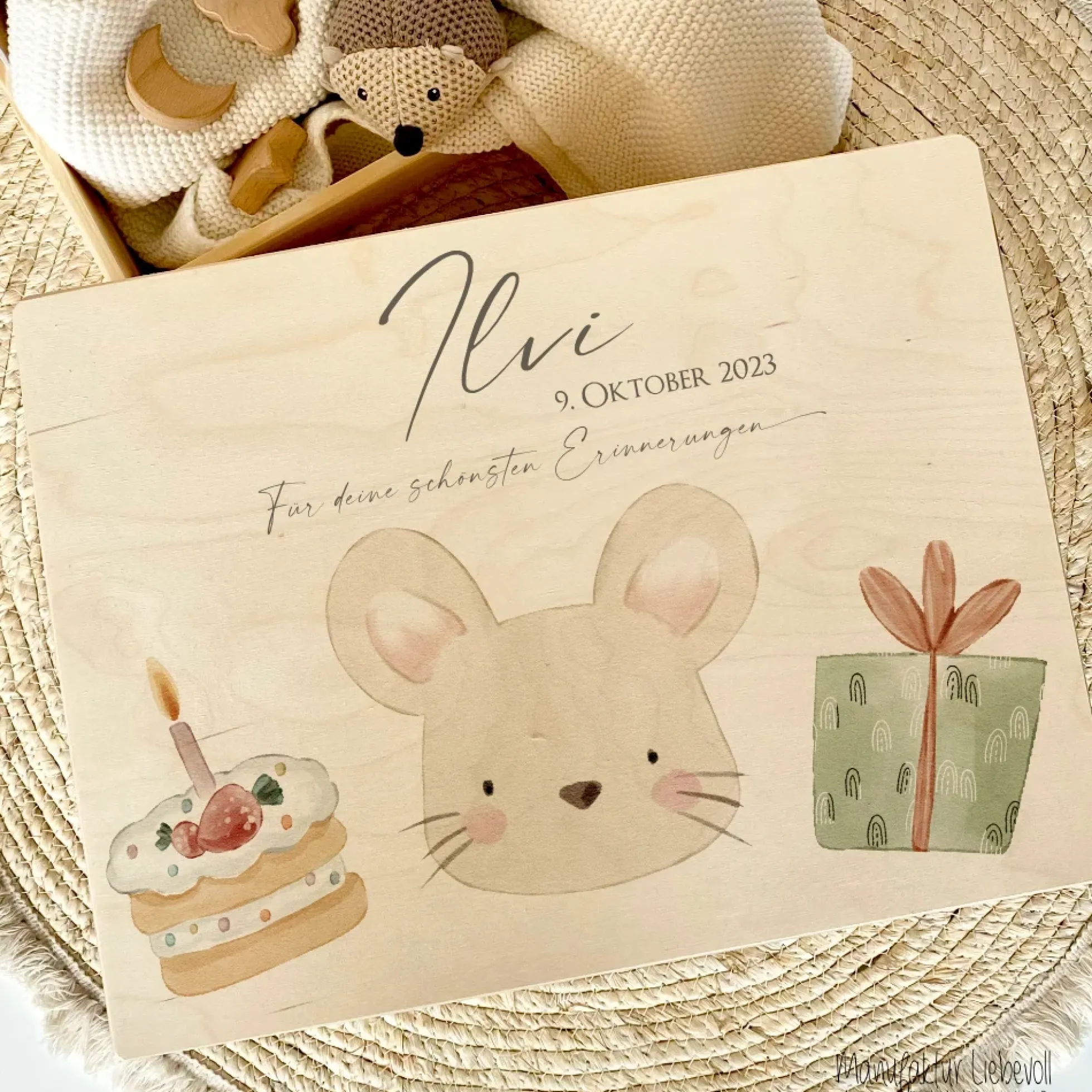Personalisiertes Willkommensgeschenk aus Holz, Erinnerungsbox mit Motiv "Maus" für Babys, Kinder