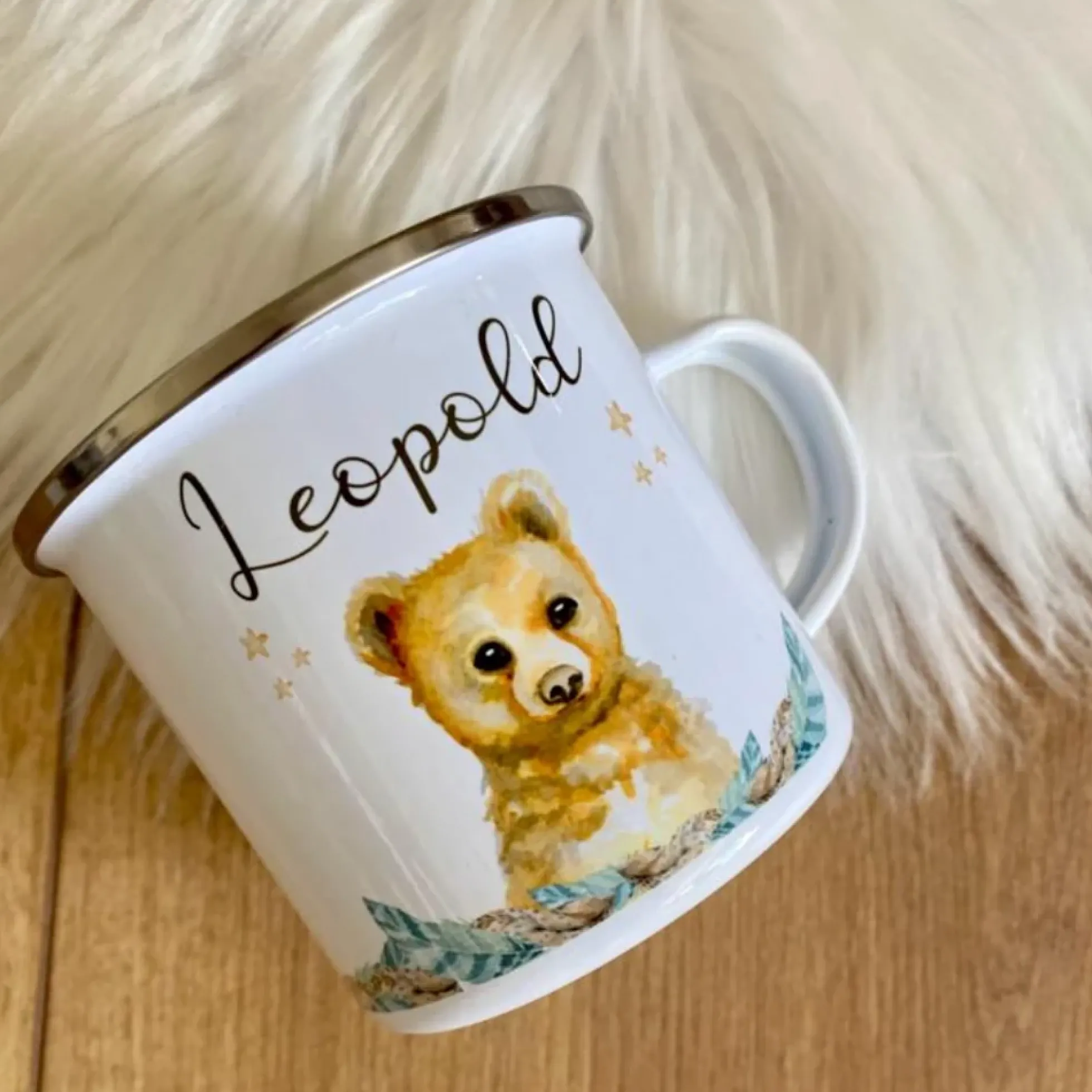 Personalisierte Tasse Bär mit Namen des Kindes | Emaille Trinkbecher für Mädchen u. Jungen I Tolle Kindertasse als besonderes Geschenk | 7 Motivvarianten zur Auswahl