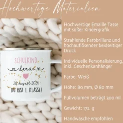 Personalisierte Tasse für das Schulkind | Geschenk für Jungen und Mädchen mit Namen und Datum | 2 Farbvarianten zur Auswahl