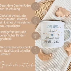 Personalisierte Tasse für das Schulkind | Geschenk für Jungen und Mädchen mit Namen und Datum | 2 Farbvarianten zur Auswahl