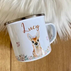 Personalisierte Tasse Reh mit Namen des Kindes | Emaille Trinkbecher Bambi für Mädchen I Personalisierte Kindertasse als besonderes Geschenk | 7 Motivvarianten zur Auswahl