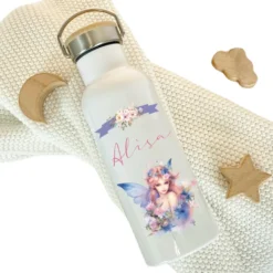 Personalisierte Trinkflasche "Elfe" für Mädchen mit Namen | Weiße Thermosflasche aus Edelstahl mit Bambusdeckel für Kinder Teenager Schule Kita 500ml