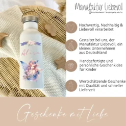 Personalisierte Trinkflasche "Elfe" für Mädchen mit Namen | Weiße Thermosflasche aus Edelstahl mit Bambusdeckel für Kinder Teenager Schule Kita 500ml