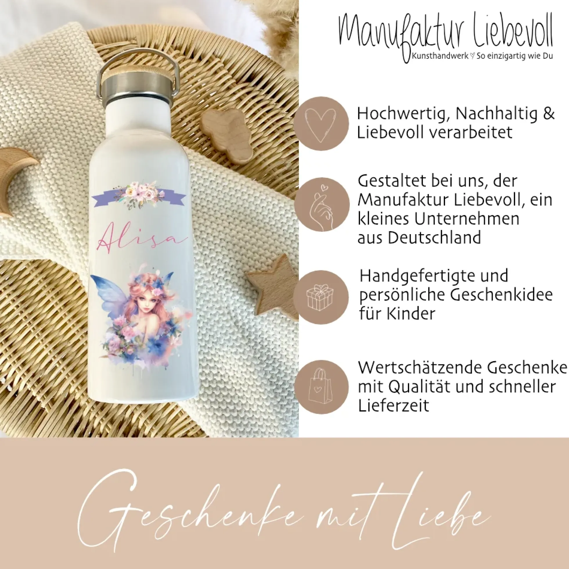 Personalisierte Trinkflasche "Elfe" für Mädchen mit Namen | Weiße Thermosflasche aus Edelstahl mit Bambusdeckel für Kinder Teenager Schule Kita 500ml
