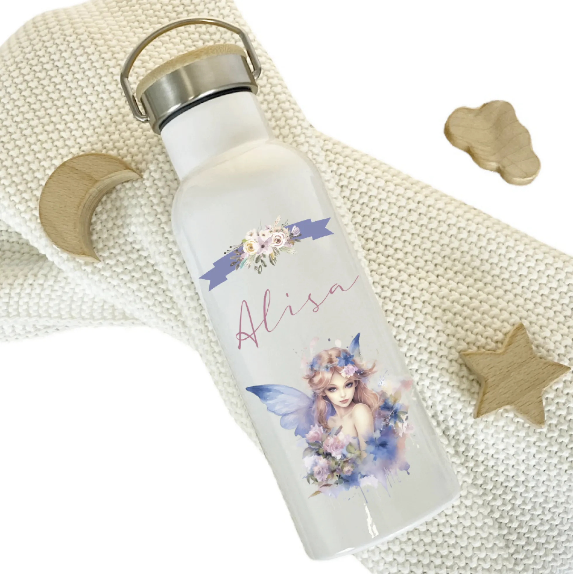 Personalisierte Trinkflasche "Elfe" für Mädchen mit Namen | Weiße Thermosflasche aus Edelstahl mit Bambusdeckel für Kinder Teenager Schule Kita 500ml