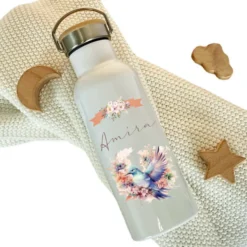 Personalisierte Trinkflasche "Vogel" für Mädchen mit Namen | retro Thermosflasche aus Edelstahl mit Bambusdeckel für Kinder Teenager Schule Kita 500ml