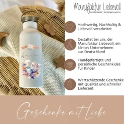 Personalisierte Trinkflasche "Vogel" für Mädchen mit Namen | retro Thermosflasche aus Edelstahl mit Bambusdeckel für Kinder Teenager Schule Kita 500ml
