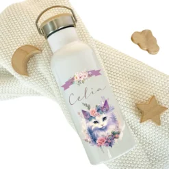 Personalisierte Trinkflasche "Katze" für Mädchen mit Namen | Thermosflasche aus Edelstahl mit Bambusdeckel für Kinder Teenager Schule Kita 500ml
