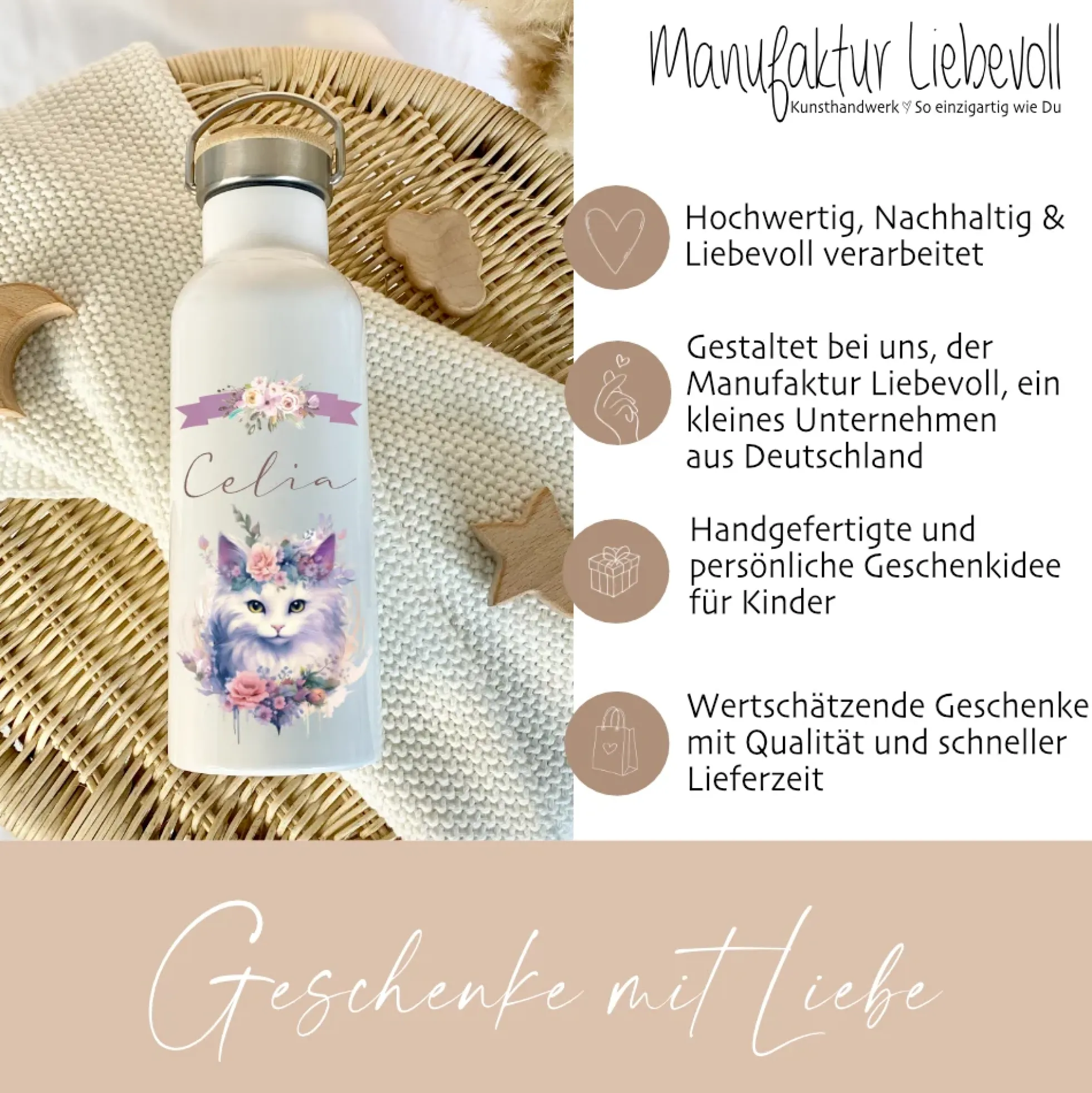 Personalisierte Trinkflasche "Katze" für Mädchen mit Namen | Thermosflasche aus Edelstahl mit Bambusdeckel für Kinder Teenager Schule Kita 500ml