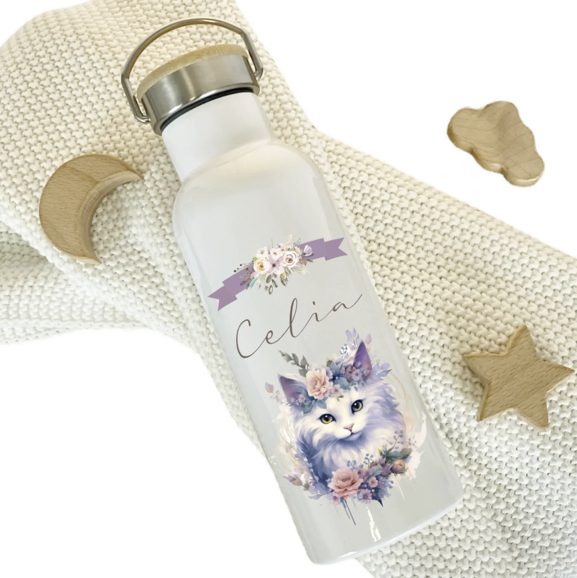 Personalisierte Trinkflasche "Katze" für Mädchen mit Namen | Thermosflasche aus Edelstahl mit Bambusdeckel für Kinder Teenager Schule Kita 500ml