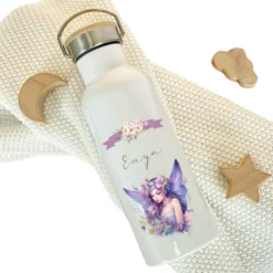 Personalisierte Trinkflasche "Fee" für Mädchen mit Namen | Thermosflasche aus Edelstahl mit Bambusdeckel für Kinder Teenager Schule Kita 500ml