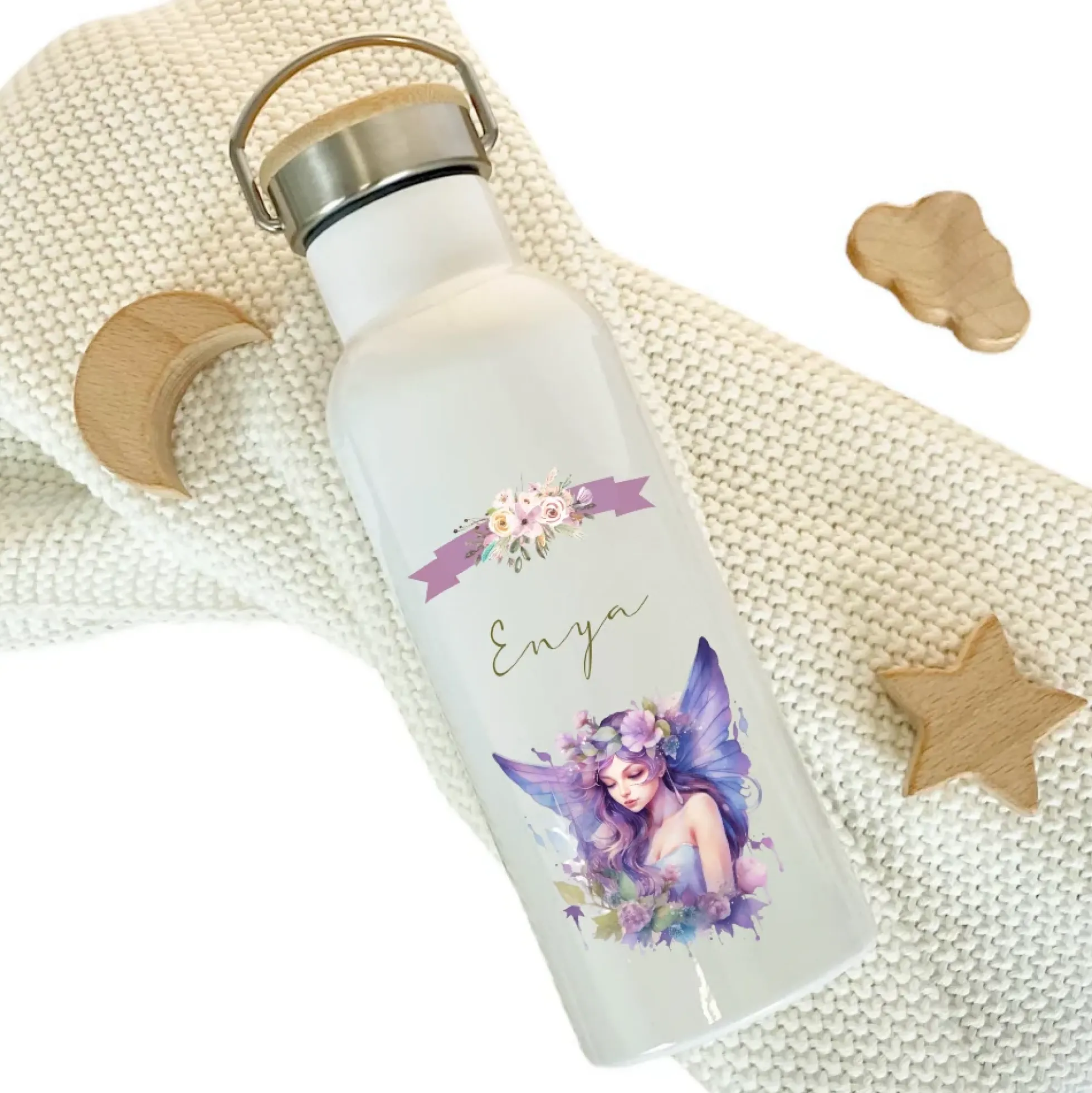 Personalisierte Trinkflasche "Fee" für Mädchen mit Namen | Thermosflasche aus Edelstahl mit Bambusdeckel für Kinder Teenager Schule Kita 500ml