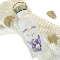 Personalisierte Trinkflasche "Fee" für Mädchen mit Namen | Thermosflasche aus Edelstahl mit Bambusdeckel für Kinder Teenager Schule Kita 500ml