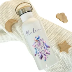 Personalisierte Trinkflasche "Traumfänger" für Mädchen mit Namen | Thermosflasche aus Edelstahl mit Bambusdeckel für Kinder Teenager Schule Kita 500ml
