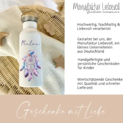 Personalisierte Trinkflasche "Traumfänger" für Mädchen mit Namen | Thermosflasche aus Edelstahl mit Bambusdeckel für Kinder Teenager Schule Kita 500ml