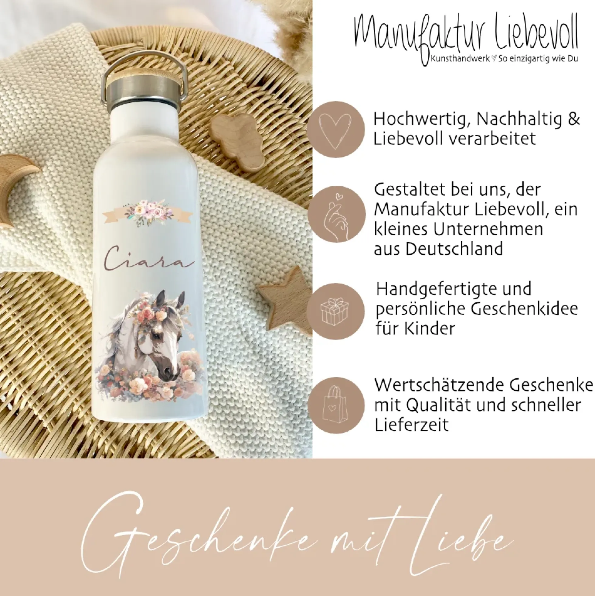 Personalisierte Trinkflasche "Pferd" für Kinder mit Namen | Weiße Thermosflasche aus Edelstahl mit Bambusdeckel für Mädchen Teenager | 500ml