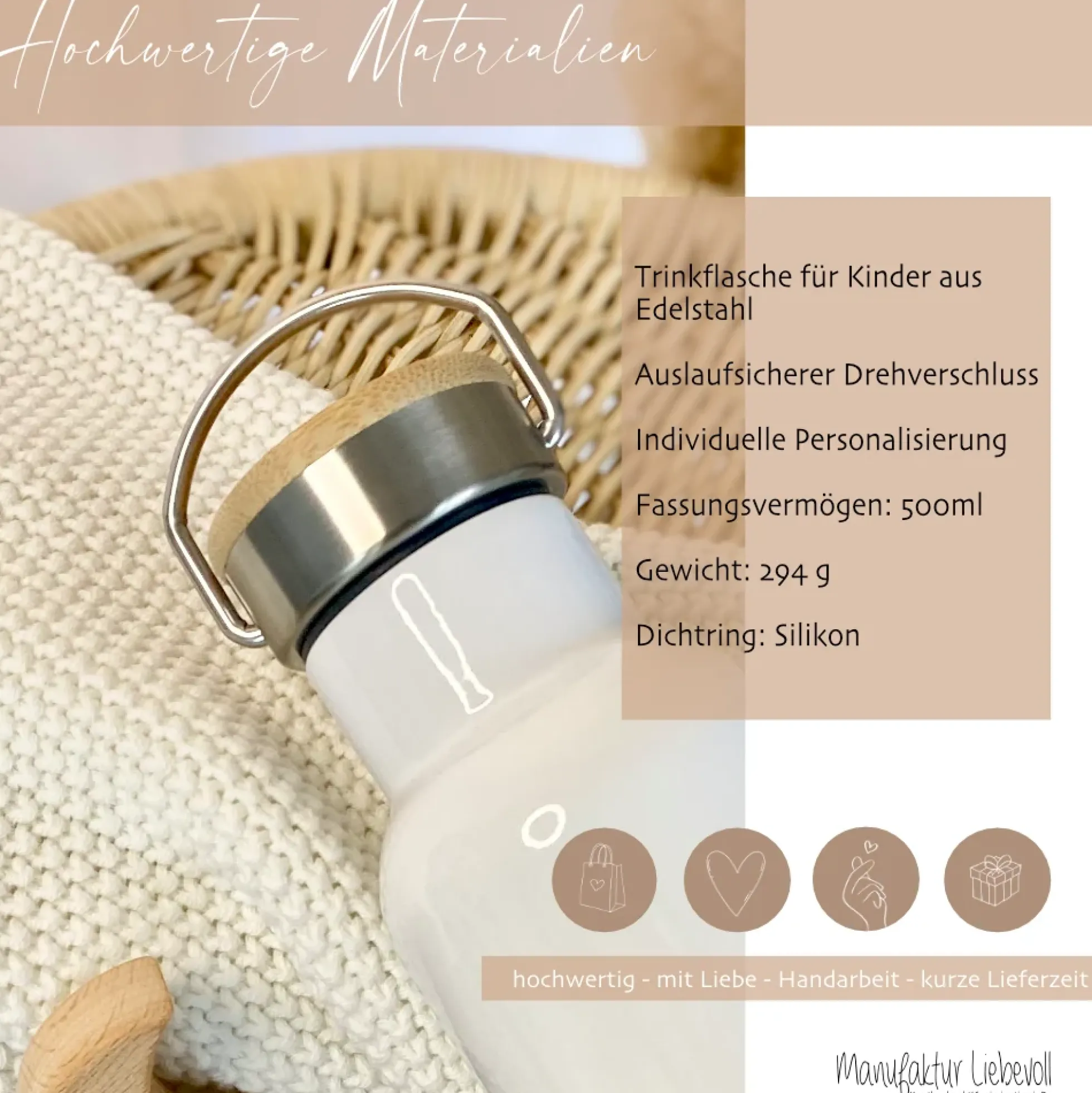 Personalisierte Trinkflasche "Pferd" für Kinder mit Namen | Weiße Thermosflasche aus Edelstahl mit Bambusdeckel für Mädchen Teenager | 500ml