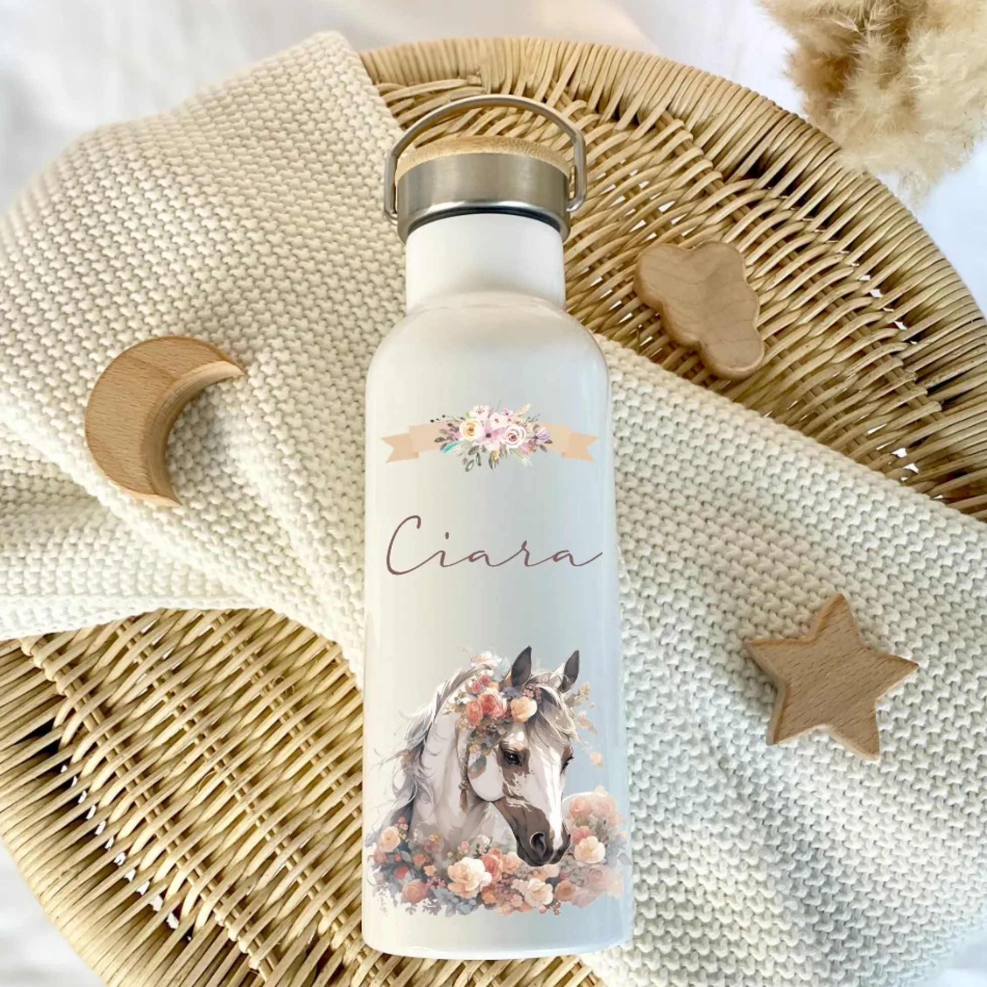 Personalisierte Trinkflasche "Pferd" für Kinder mit Namen | Weiße Thermosflasche aus Edelstahl mit Bambusdeckel für Mädchen Teenager | 500ml