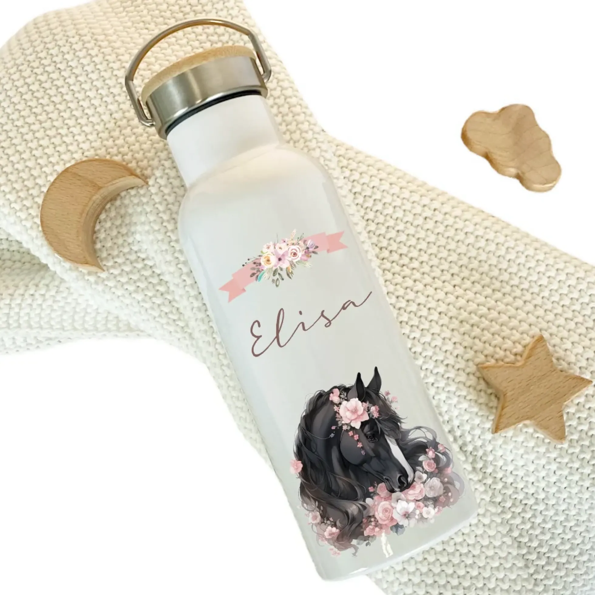 Personalisierte Trinkflasche "Pony" für Kinder mit Namen | Weiße Pferde Thermosflasche aus Edelstahl mit Bambusdeckel für Mädchen Teenager | 500ml