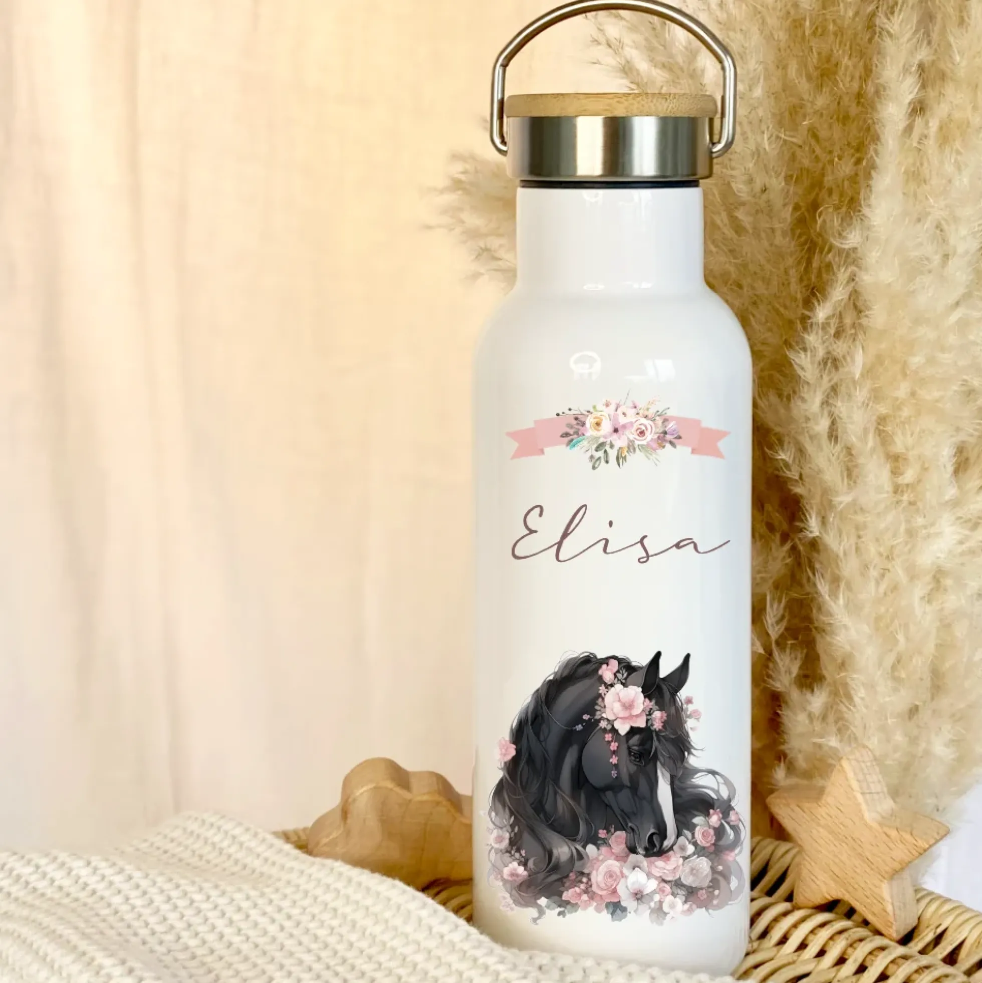Personalisierte Trinkflasche "Pony" für Kinder mit Namen | Weiße Pferde Thermosflasche aus Edelstahl mit Bambusdeckel für Mädchen Teenager | 500ml