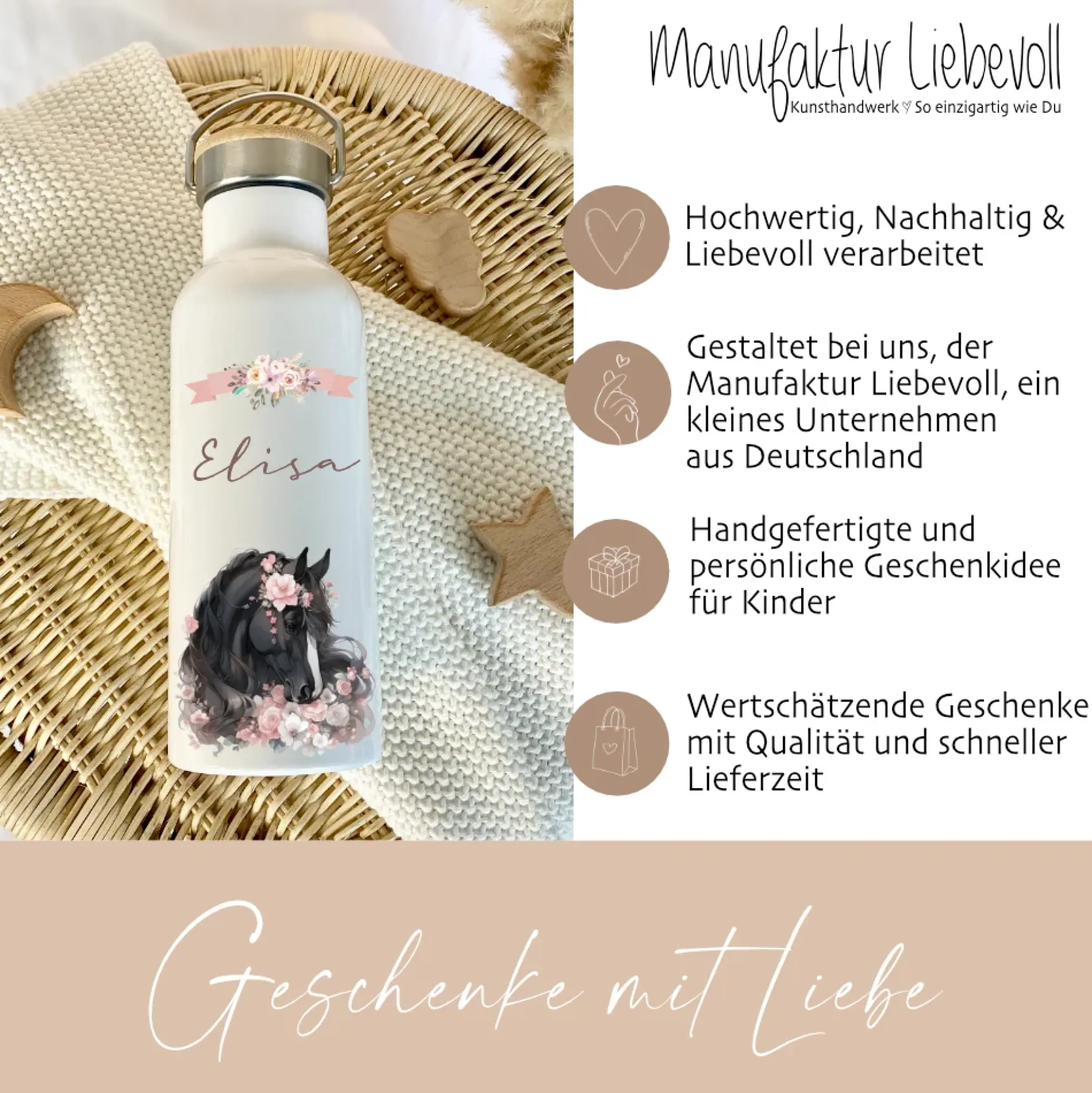 Personalisierte Trinkflasche "Pony" für Kinder mit Namen | Weiße Pferde Thermosflasche aus Edelstahl mit Bambusdeckel für Mädchen Teenager | 500ml