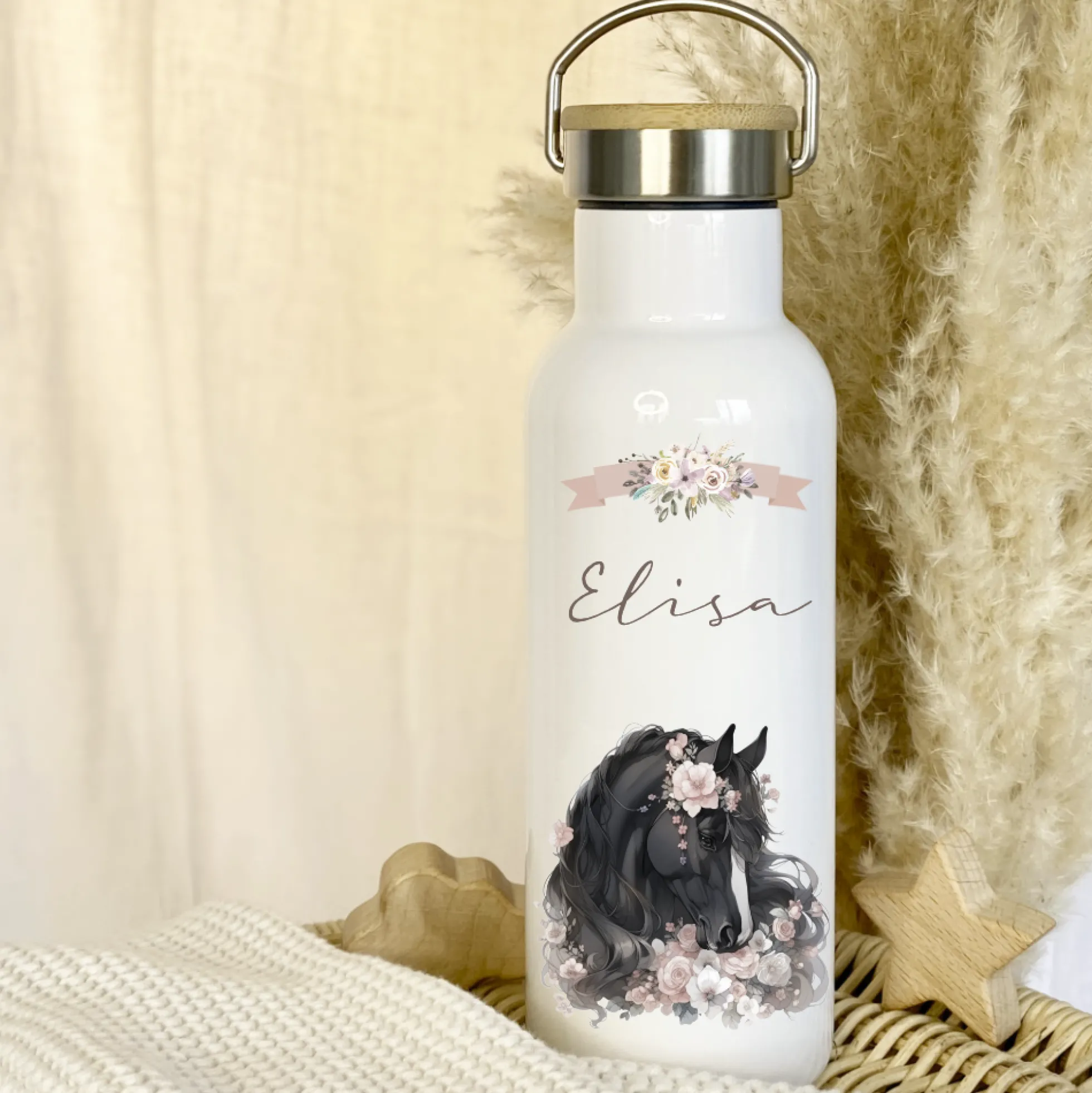 Personalisierte Trinkflasche "Pony" für Kinder mit Namen | Weiße Pferde Thermosflasche aus Edelstahl mit Bambusdeckel für Mädchen Teenager | 500ml