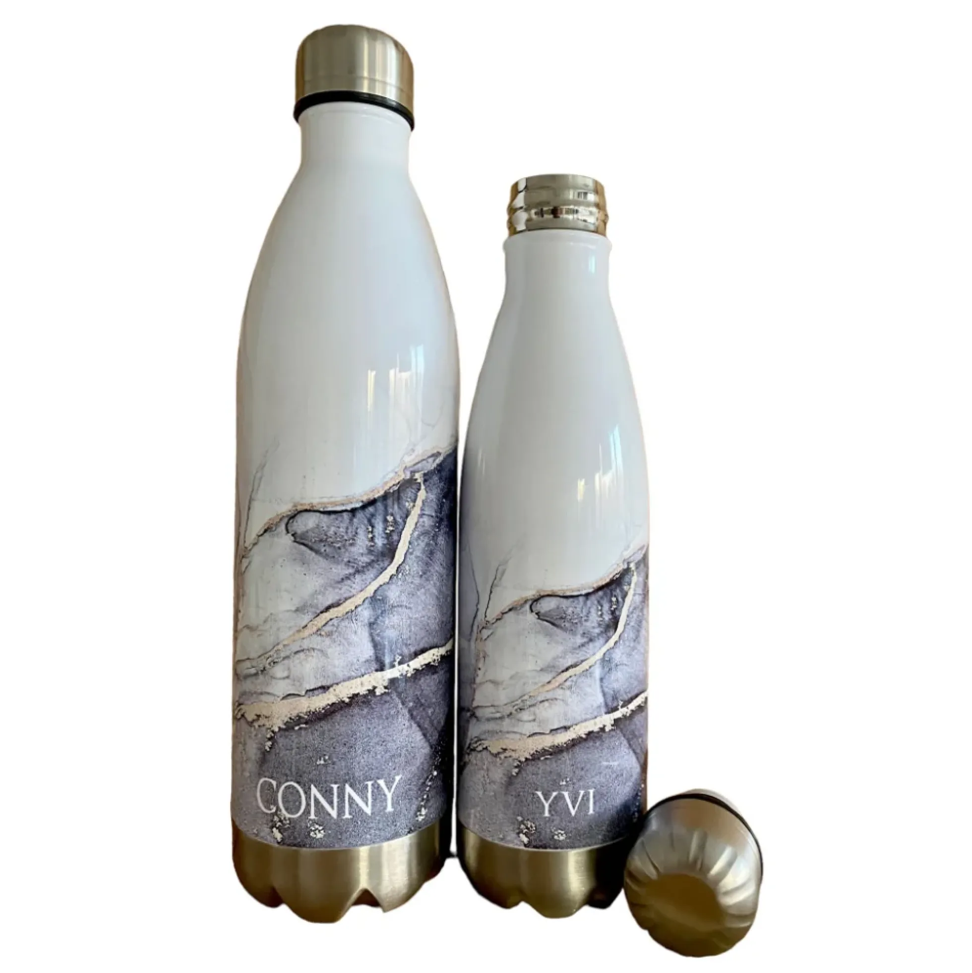 Personalisierte Trinkflasche Edelstahl in Marmor Optik, bedruckte Thermosflasche mit Namen, Wasserflasche zum Sport, die Arbeit und Freizeit | 500ml u. 750ml