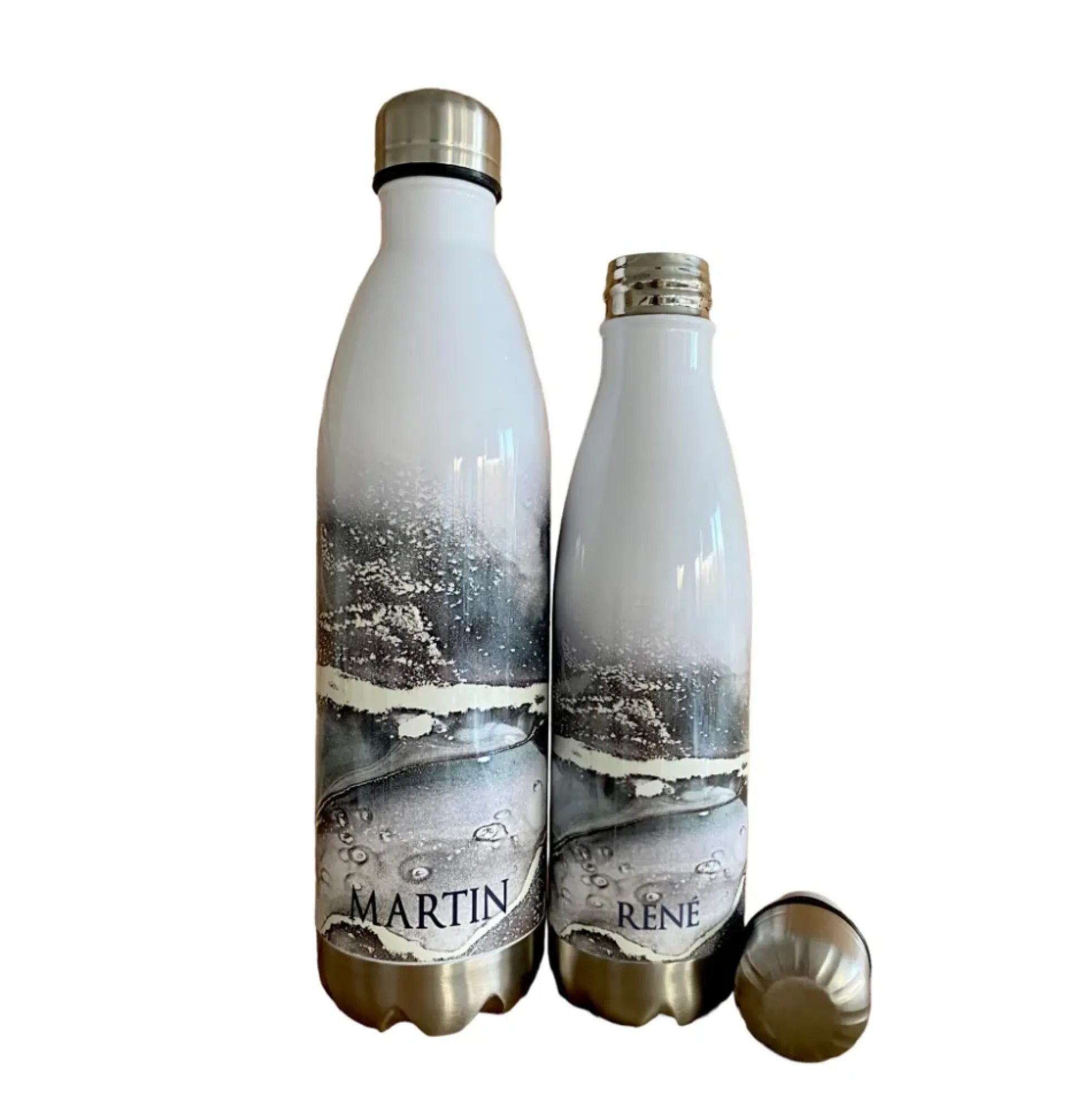 Personalisierte Trinkflasche Edelstahl in Marmor Optik, bedruckte Thermosflasche mit Namen, Wasserflasche zum Sport, die Arbeit und Freizeit | 500ml u. 750ml