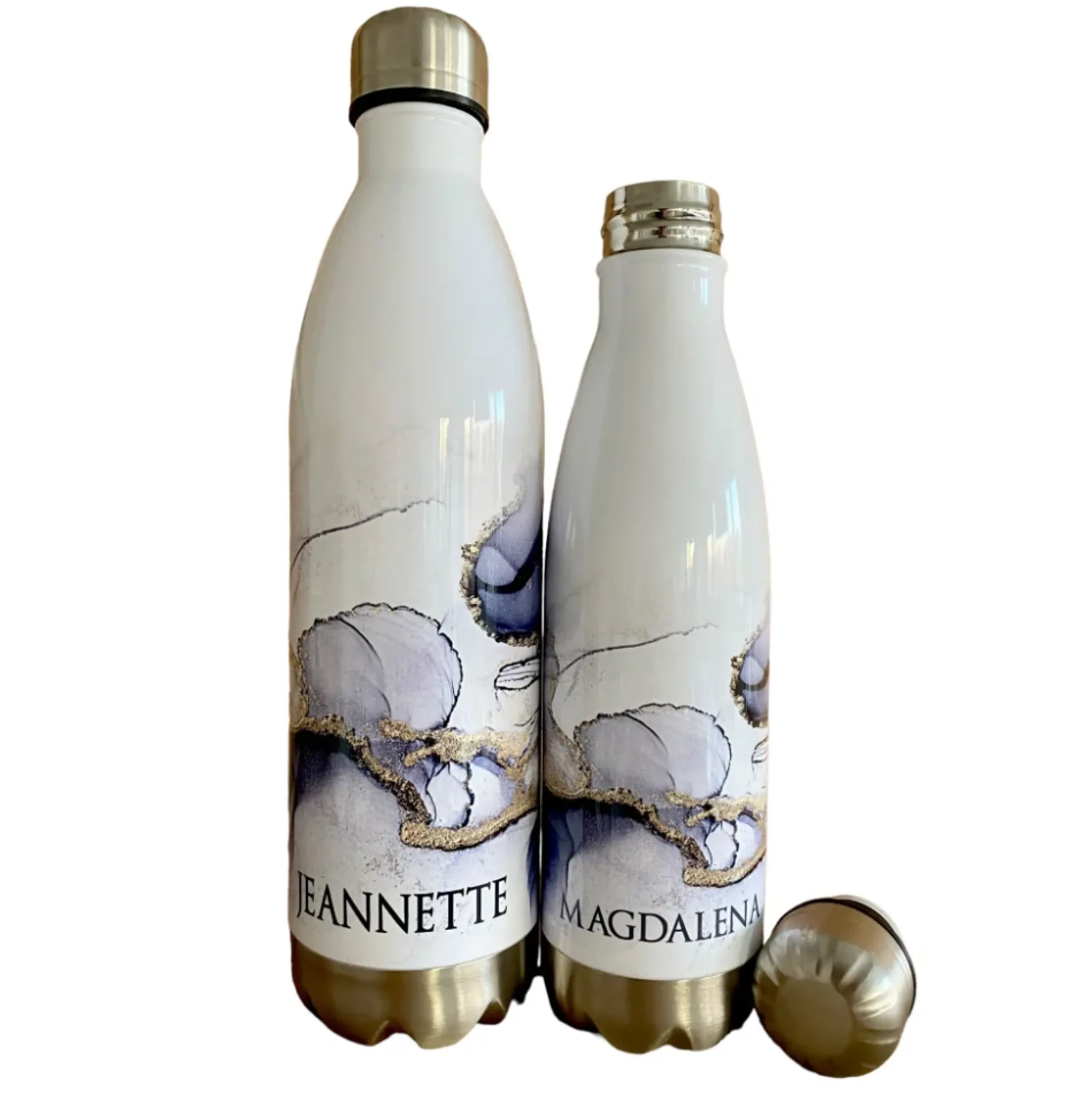 Personalisierte Trinkflasche Edelstahl in Marmor Optik, bedruckte Thermosflasche mit Namen, Wasserflasche zum Sport, die Arbeit und Freizeit | 500ml u. 750ml