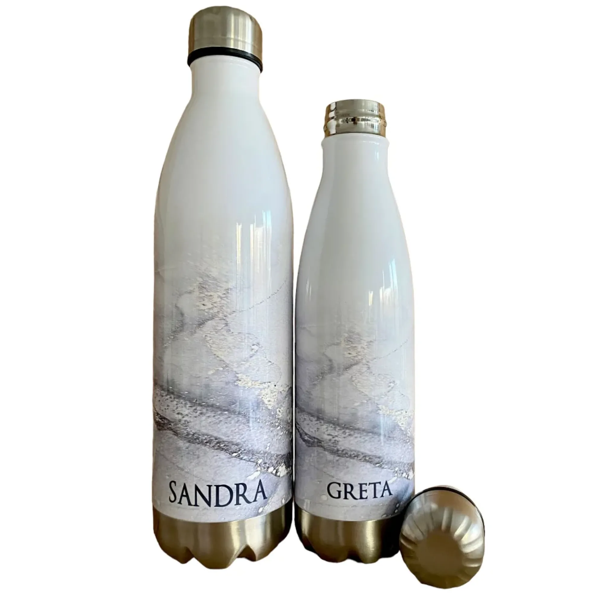 Personalisierte Trinkflasche Edelstahl in Marmor Optik, bedruckte Thermosflasche mit Namen, Wasserflasche zum Sport, die Arbeit und Freizeit | 500ml u. 750ml