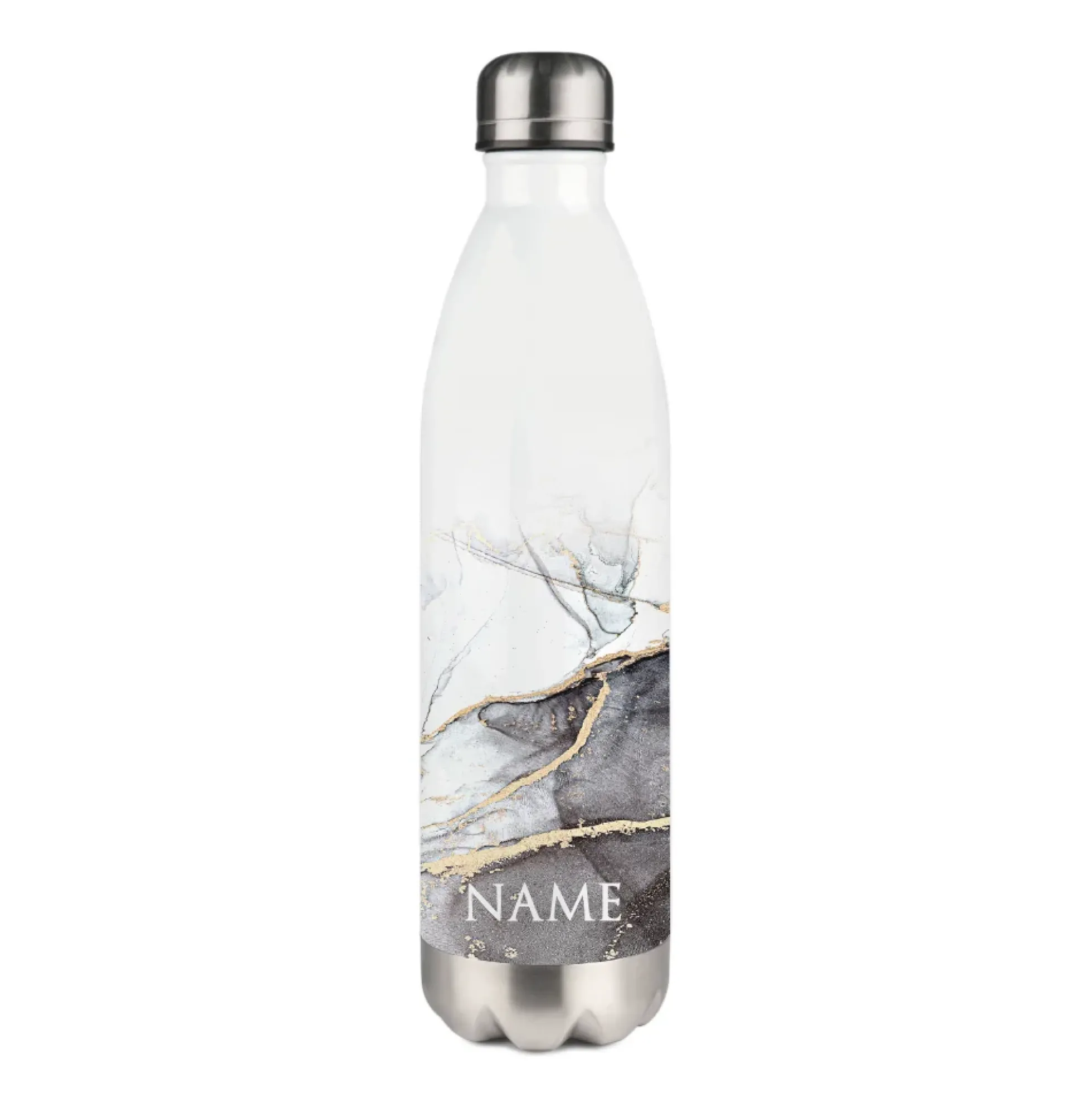 Personalisierte Trinkflasche Edelstahl in Marmor Optik, bedruckte Thermosflasche mit Namen, Wasserflasche zum Sport, die Arbeit und Freizeit | 500ml u. 750ml