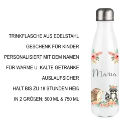 Personalisierte Trinkflasche "Boho Tiere" für Kinder aus Edelstahl | Auslaufsichere Wasserflasche mit dem Namen | Größenvarianten: 500 ml u. 750 ml