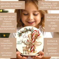 Personalisierte Weihnachtsdeko mit Namen – Holzaufsteller mit Jutesäckchen – Geschenk für Kinder, Mädchen & Jungen – Geldgeschenk Weihnachten, Nikolaus, Julklapp