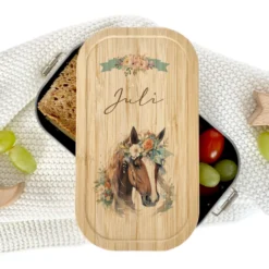 Pferde Brotdose wählbar in Edelstahl mit Bambusdeckel und Namen für Mädchen | Brotbox mit Pony | Personalisiertes Geschenk für Kinder