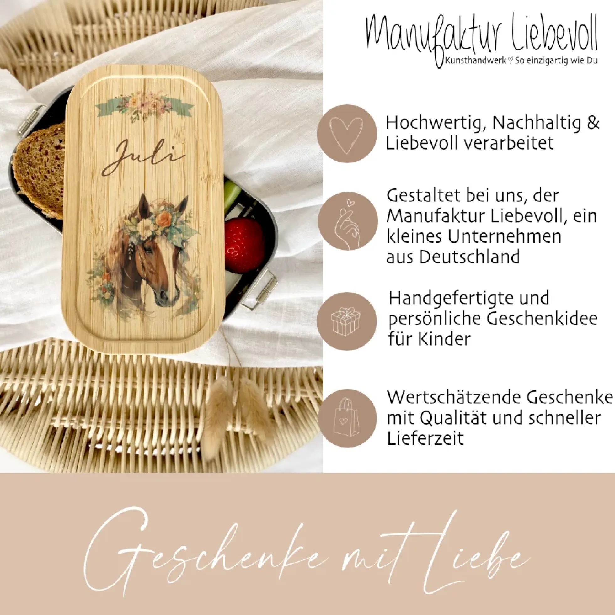 Pferde Brotdose wählbar in Edelstahl mit Bambusdeckel und Namen für Mädchen | Brotbox mit Pony | Personalisiertes Geschenk für Kinder