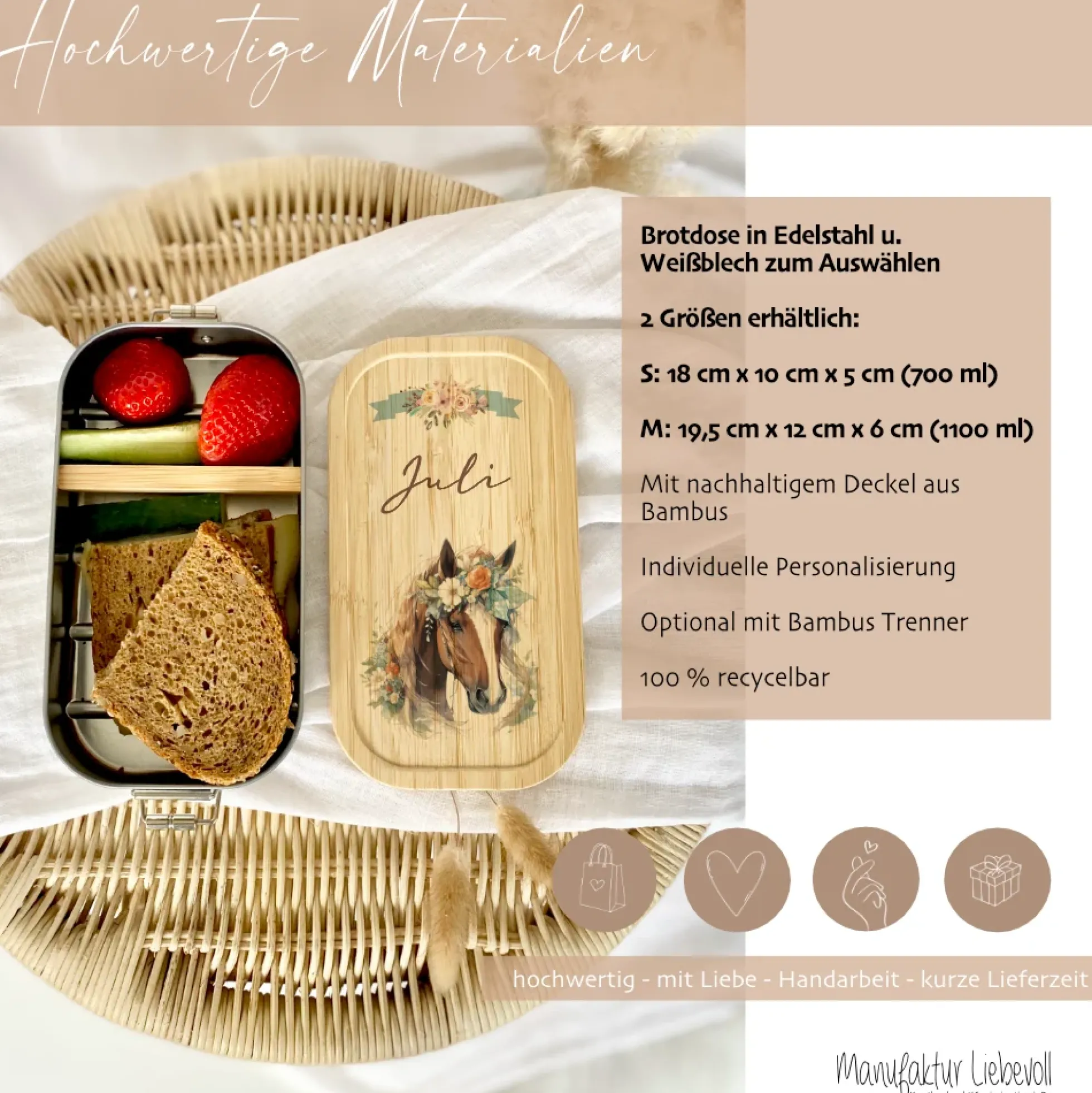 Pferde Brotdose wählbar in Edelstahl mit Bambusdeckel und Namen für Mädchen | Brotbox mit Pony | Personalisiertes Geschenk für Kinder