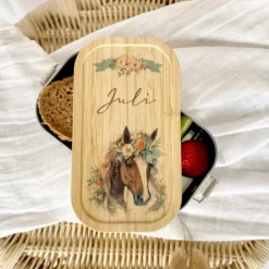 Pferde Brotdose wählbar in Edelstahl mit Bambusdeckel und Namen für Mädchen | Brotbox mit Pony | Personalisiertes Geschenk für Kinder