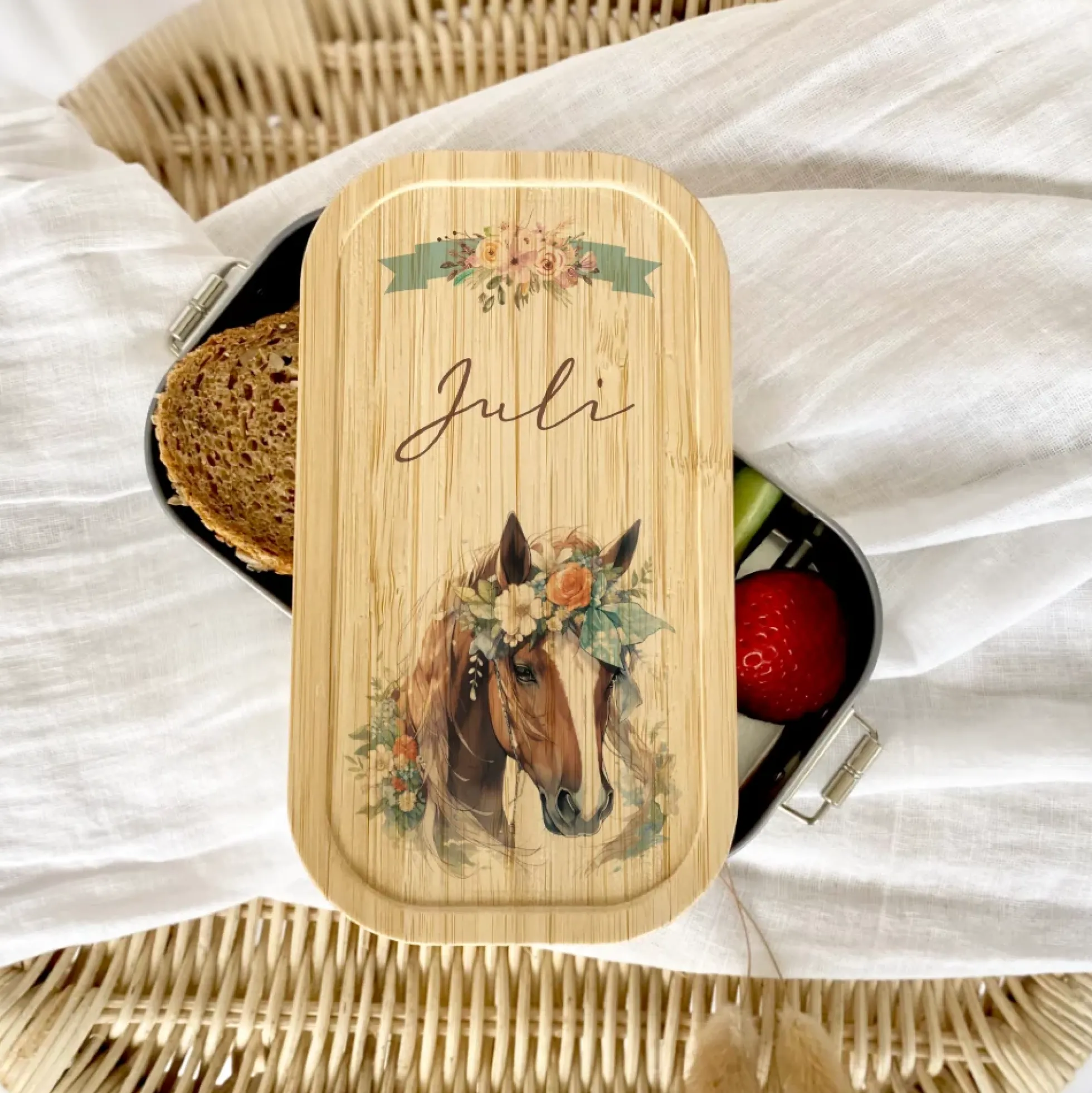 Pferde Brotdose wählbar in Edelstahl mit Bambusdeckel und Namen für Mädchen | Brotbox mit Pony | Personalisiertes Geschenk für Kinder