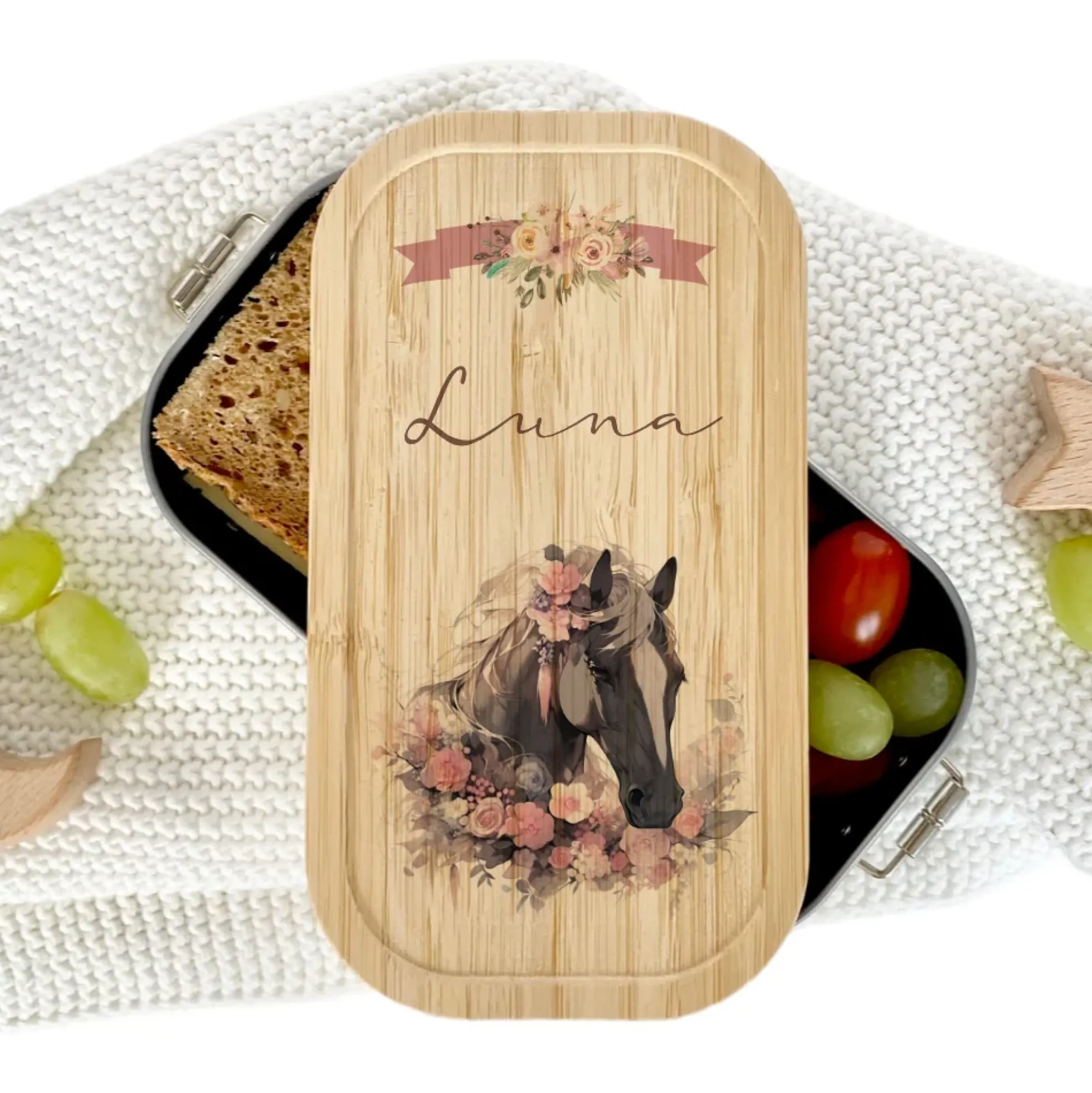 Pferde Lunchbox wählbar in Edelstahl mit Bambusdeckel und Namen für Mädchen | Brotdose mit Pony | Personalisiertes Geschenk für Kinder