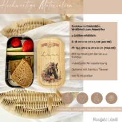 Pferde Lunchbox wählbar in Edelstahl mit Bambusdeckel und Namen für Mädchen | Brotdose mit Pony | Personalisiertes Geschenk für Kinder