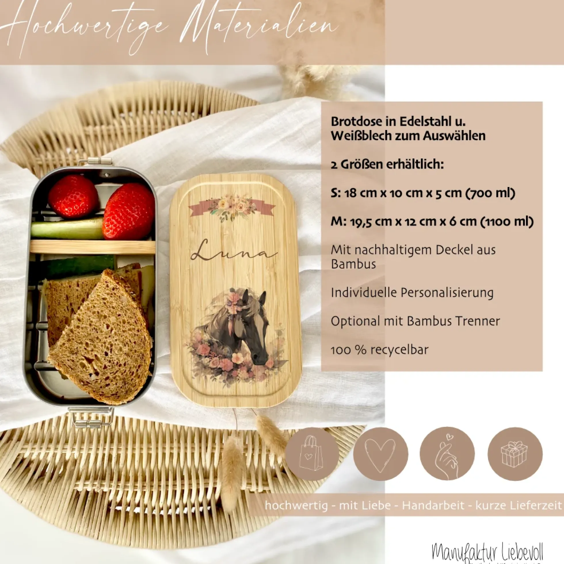Pferde Lunchbox wählbar in Edelstahl mit Bambusdeckel und Namen für Mädchen | Brotdose mit Pony | Personalisiertes Geschenk für Kinder