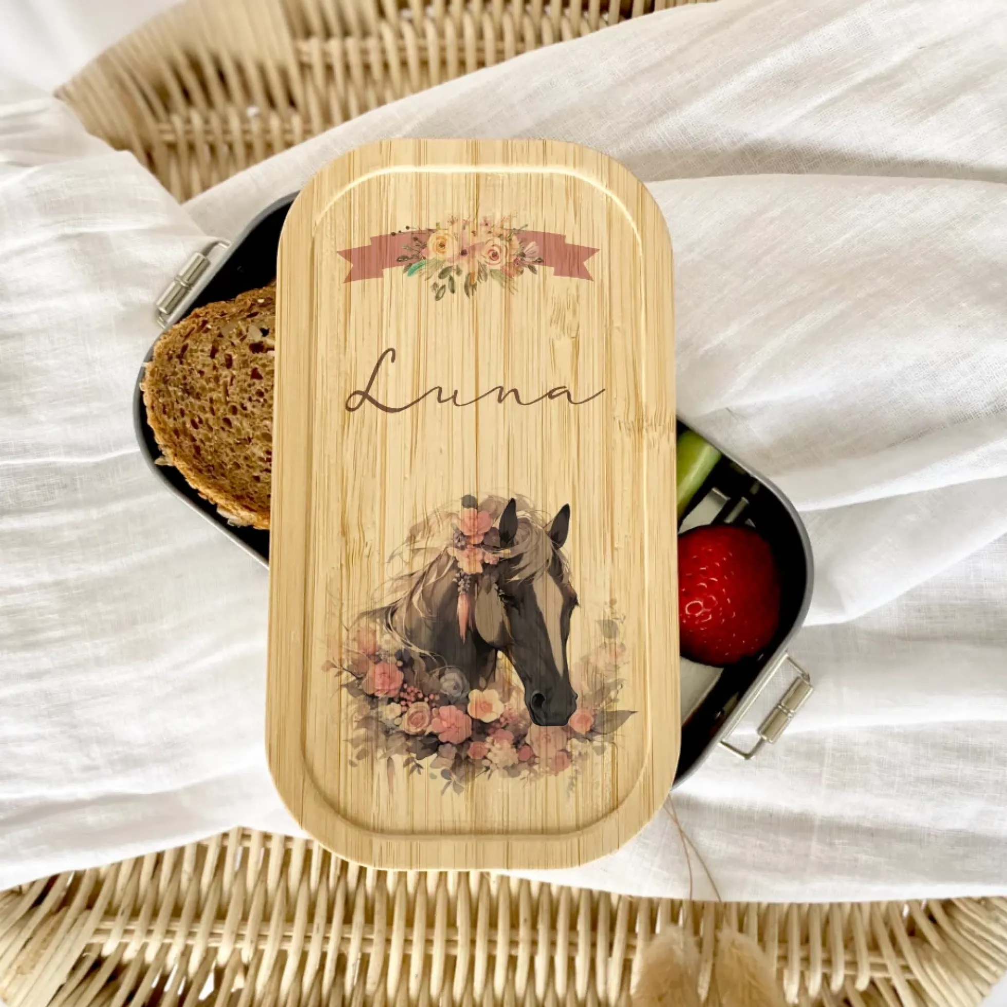 Pferde Lunchbox wählbar in Edelstahl mit Bambusdeckel und Namen für Mädchen | Brotdose mit Pony | Personalisiertes Geschenk für Kinder